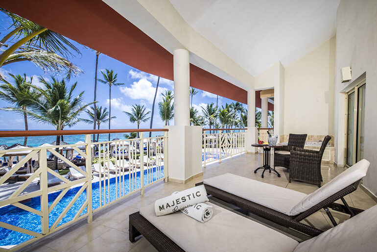 The terrace of an Elegance Club Ocean View Suite Outdoor Jacuzzi room at Majestic Elegance Punta Cana