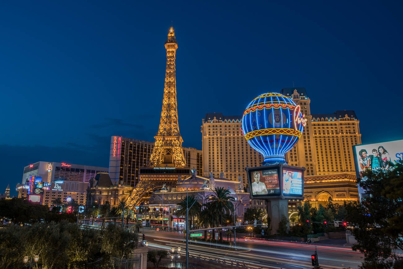 View of Las Vegas strip of Paris with the Eiffel Tower 
