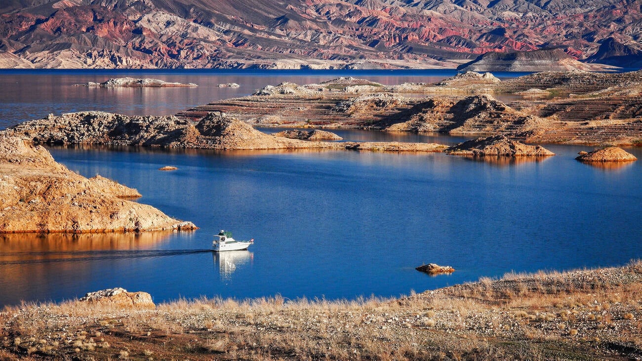 A powerboat cruising on Lake Mead.