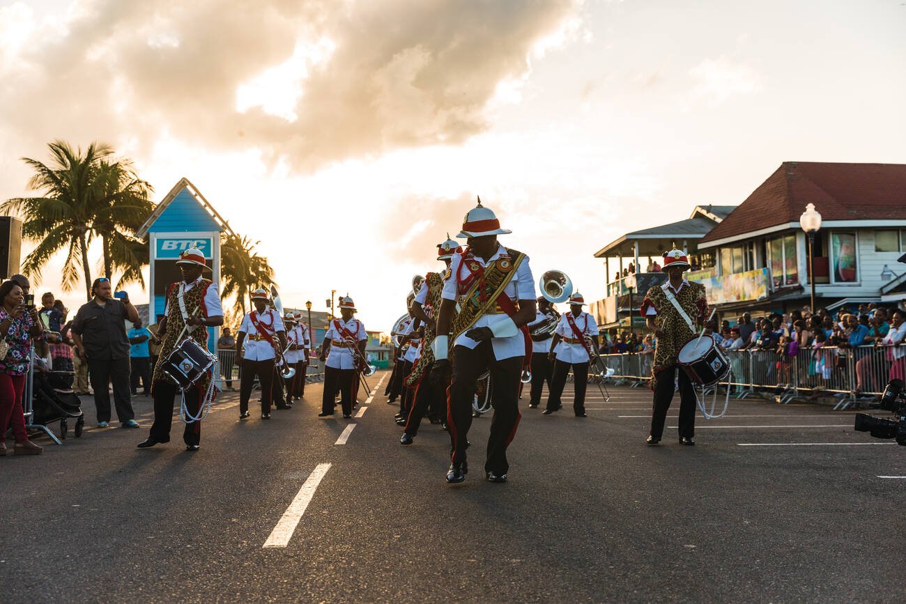 Marching band performing at a parade