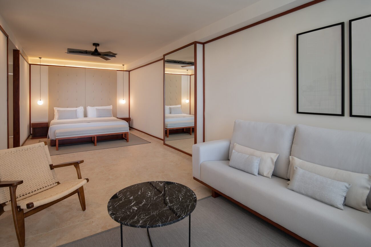 Hotel bedroom and seating area