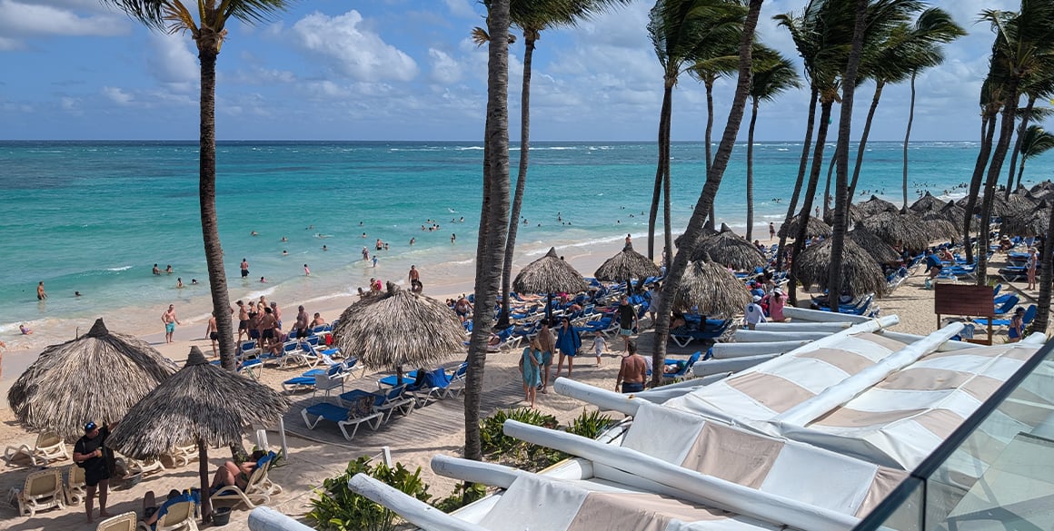 Elevated patio view of beach straw umbrellas and the ocean with palm trees