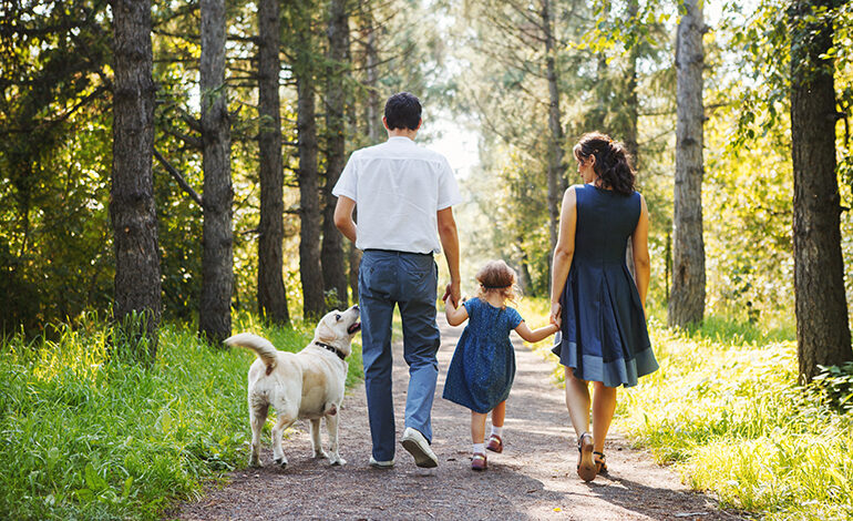 A father, mother, and young daughter walking on a trail while holding hands, their pet golden retriever beside them