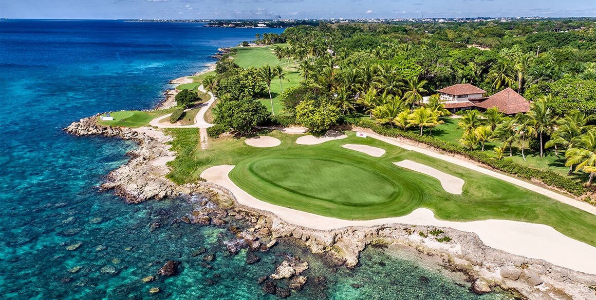 Aerial view of oceanfront Teeth of the Dog golf course in Dominican Republic