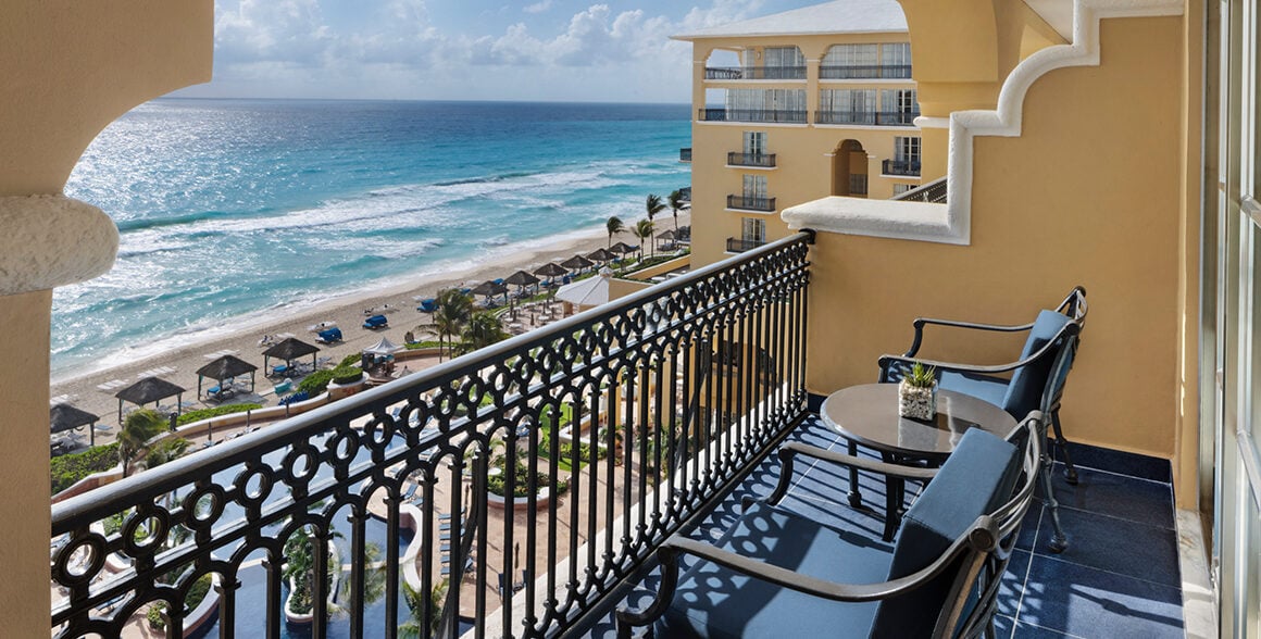 Hotel room balcony overlooking the Caribbean Sea