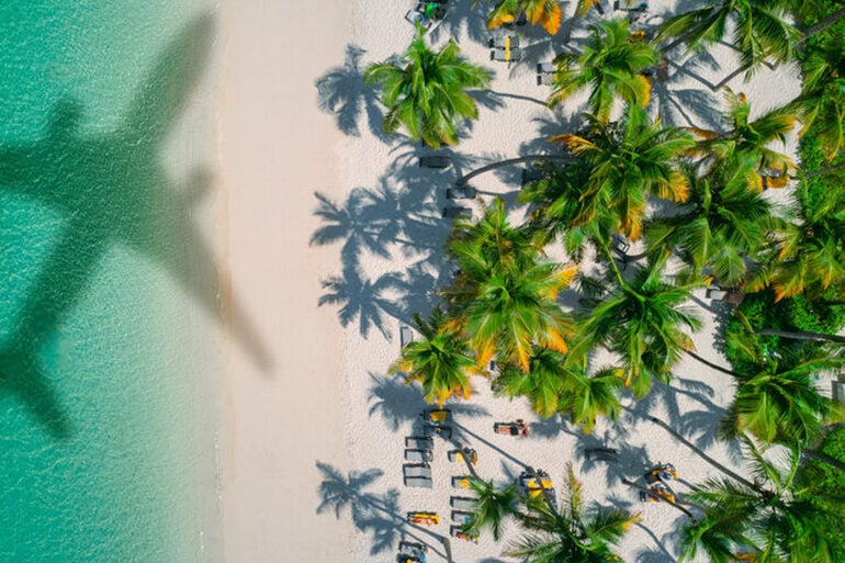 Shadow of an airplane overhead a white beach with palm trees