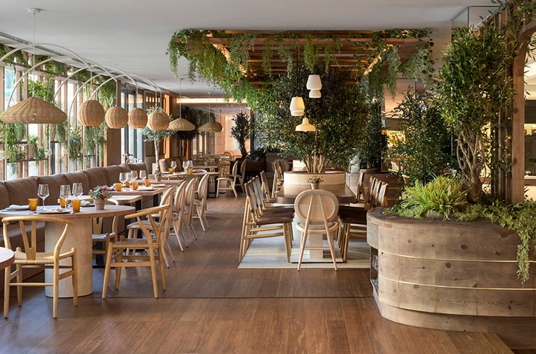 Restaurant with natural light woods and fabrics and lots of greenery