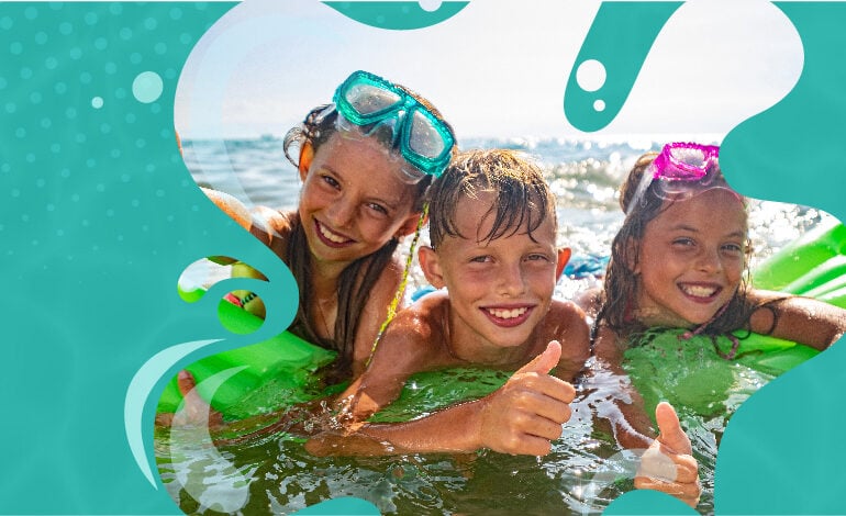 Promotional image of two girls and a boy sharing a pool float