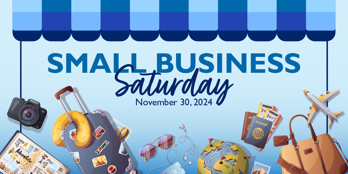 Illustrated graphic of a blue striped awning and travel graphics, Small Business Saturday November 30, 2024 written across it