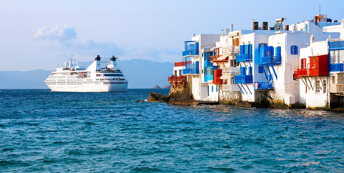 Cruise ship sailing into Mykonos on the Venetian side